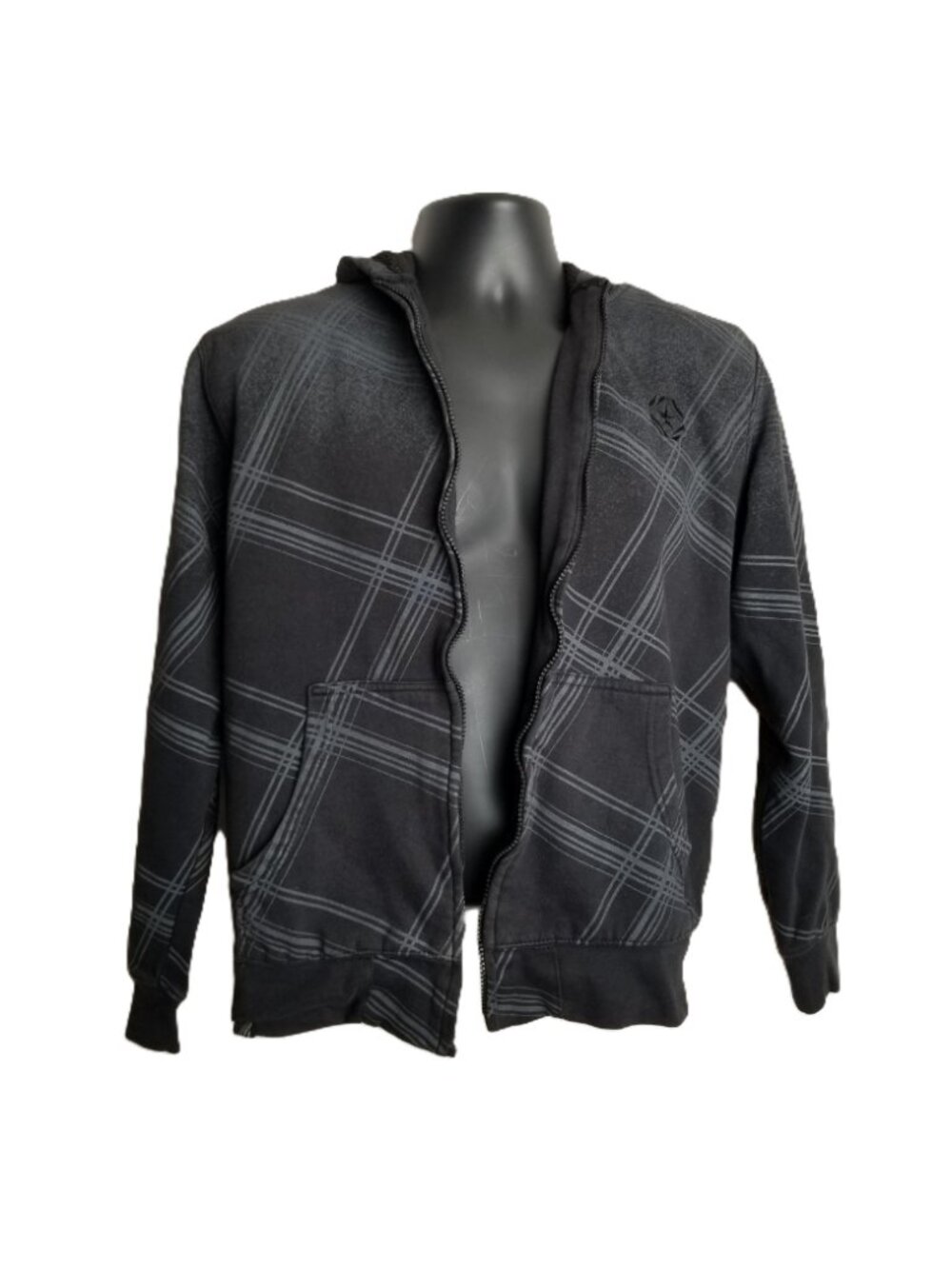 Top Heavy Geometric Plaid Hoodie Size Medium Gray Y2K Vintage Zip Up Streetwear